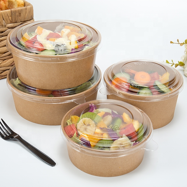 Custom Print Disposable Kraft Brown Round Salad Soup Paper Bowl With Lid