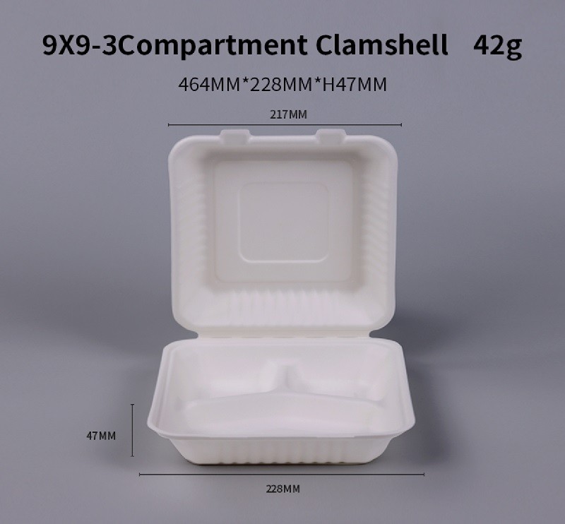  3 Compartment Clamshell  1300ml(9x9 Inch) Compostable Sugarcane