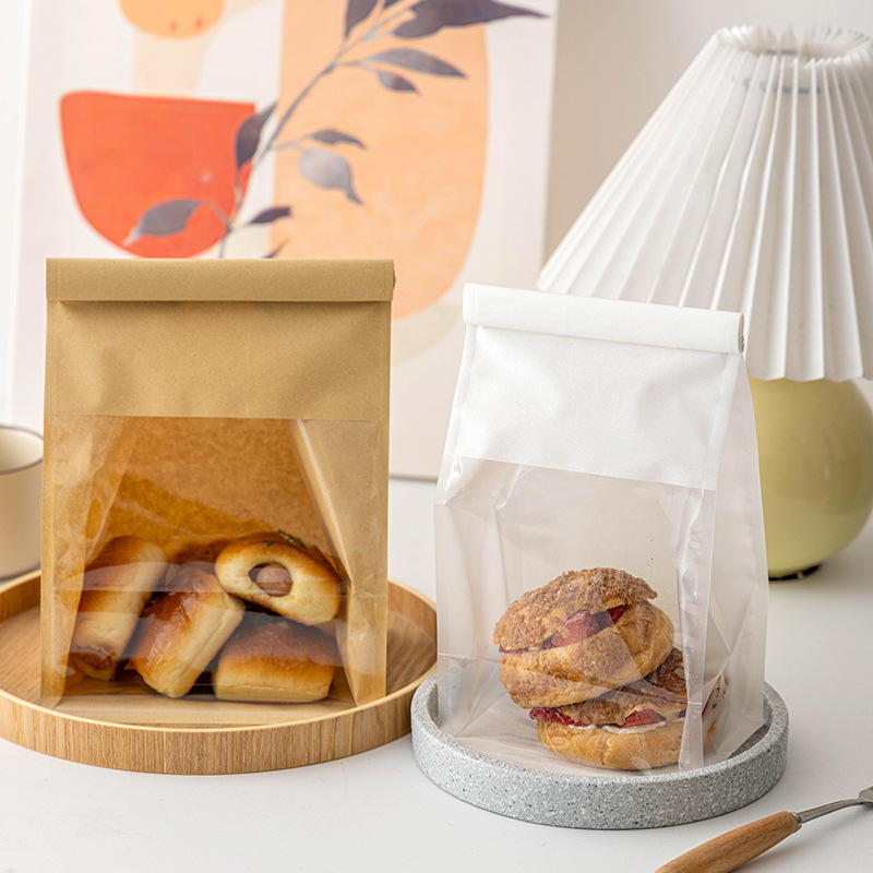 Custom Bakery Paper Packaging Bag Bread Loaf Bagel Toast Brown Bakery Bread Paper Bags Kraft Paper Window Bag