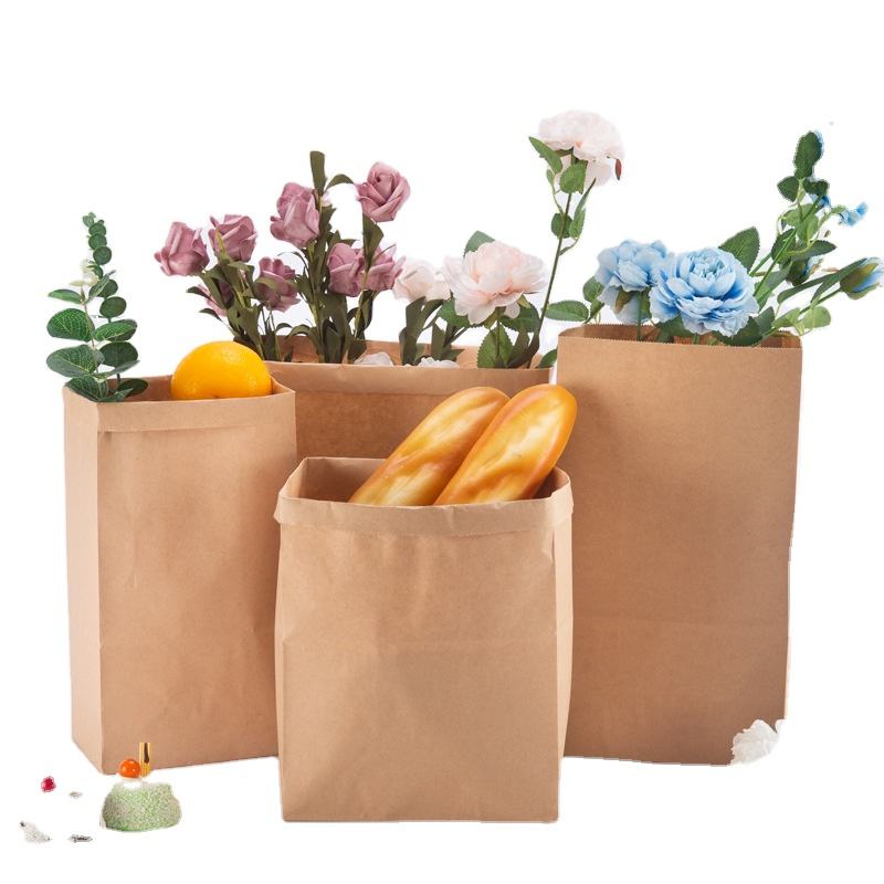Biodegradable Florist Stand Up Flower Kraft Paper Bag Custom Print Logo Restaurant Oil Proof Thick Kraft Paper Bag Food Delivery