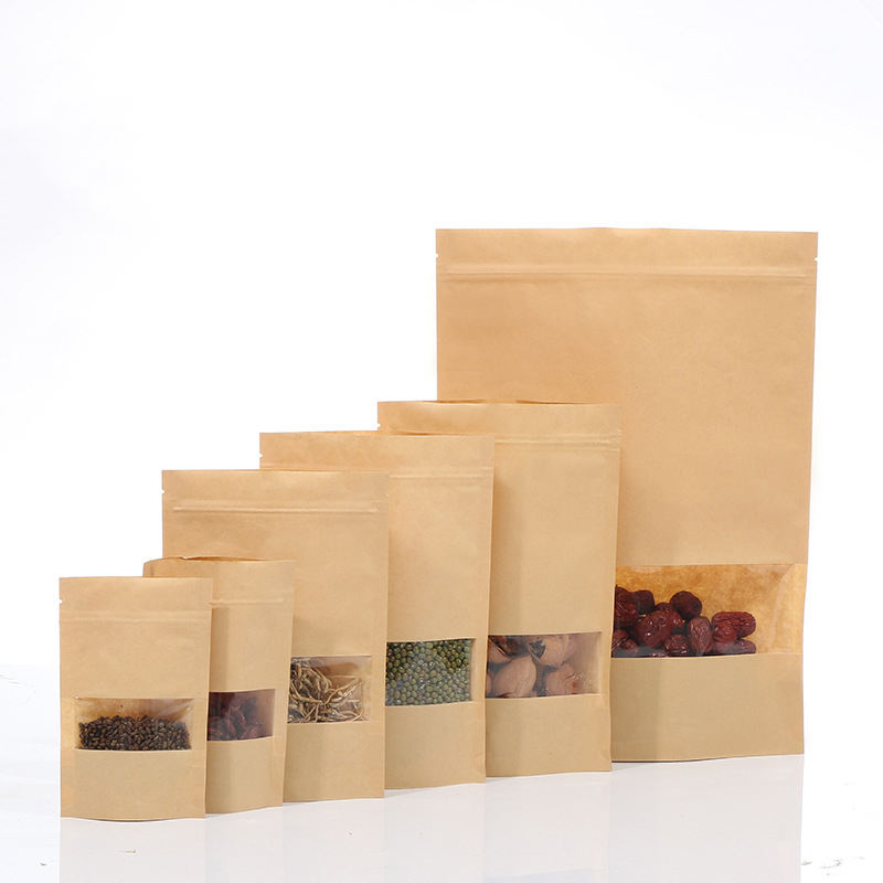 Recycle biodegradable kraft paper ziplock bag with window Resealable custom kraft paper stand up pouch for food