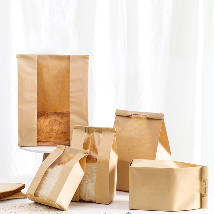 custom biodegradable food grade paper bag print bakery bread loaf packaging kraft paper bag with window