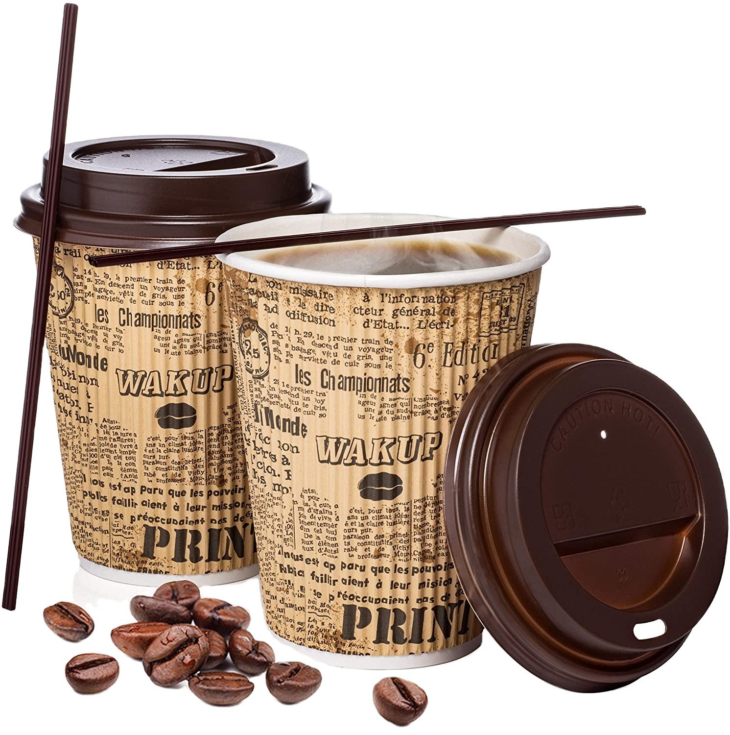 Wholesale double wall paper coffee cups with lid and straw