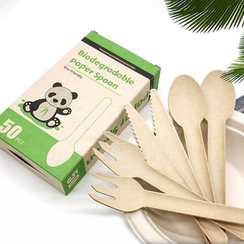  Disposable Eco Friendly 100% Biodegradable Bagasse Paper Cutlery Set Knife Fork Spoon