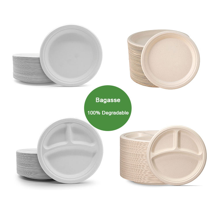 Sugarcane Bagasse Pulp Compostable Biodegradable Disposable Sugar Cane Natural White Round Paper Plates