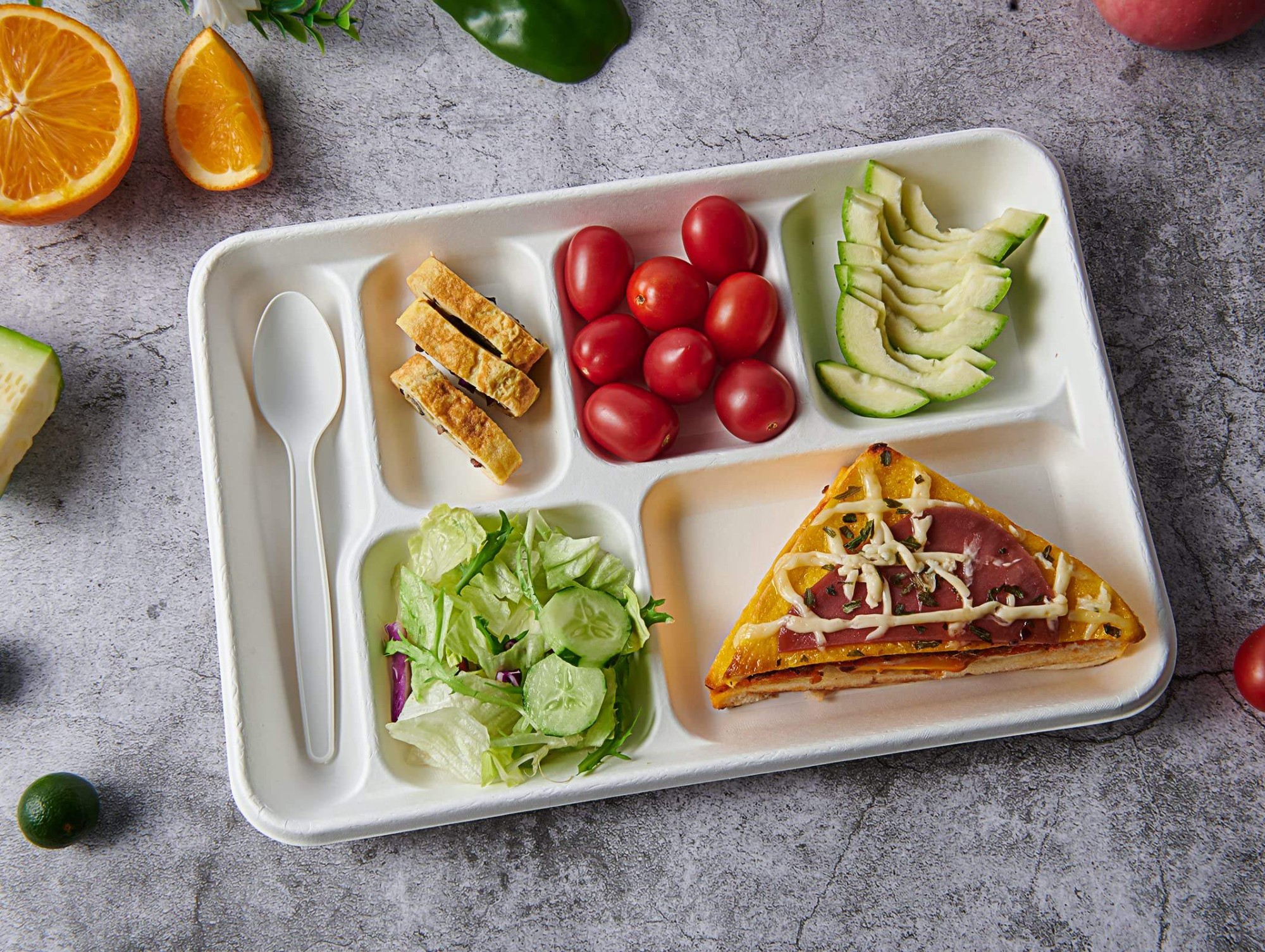 Eco-Friendly Bagasse Disposable School Lunch Trays 100% Compostable 6 Compartment Plates