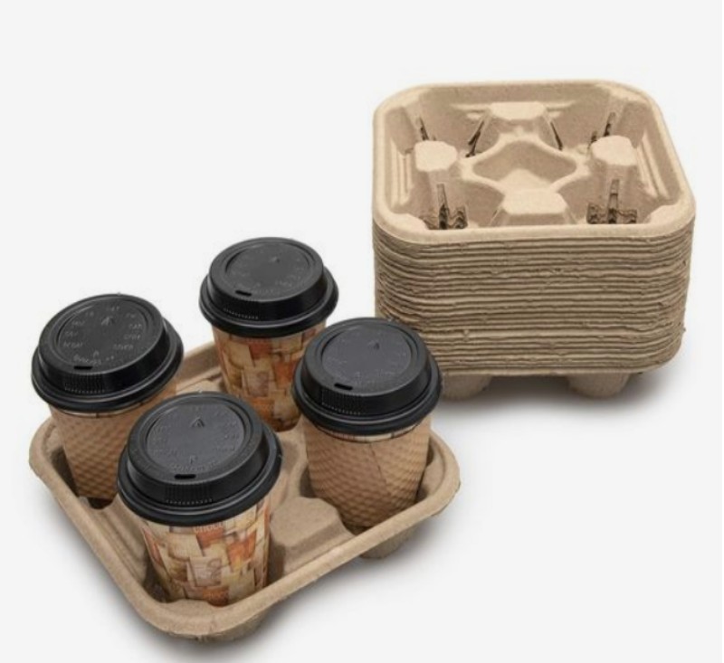 Cup Tray Carrier 4 comp (Dry Press)  EcoChoice Compostable Sugarcane Tray