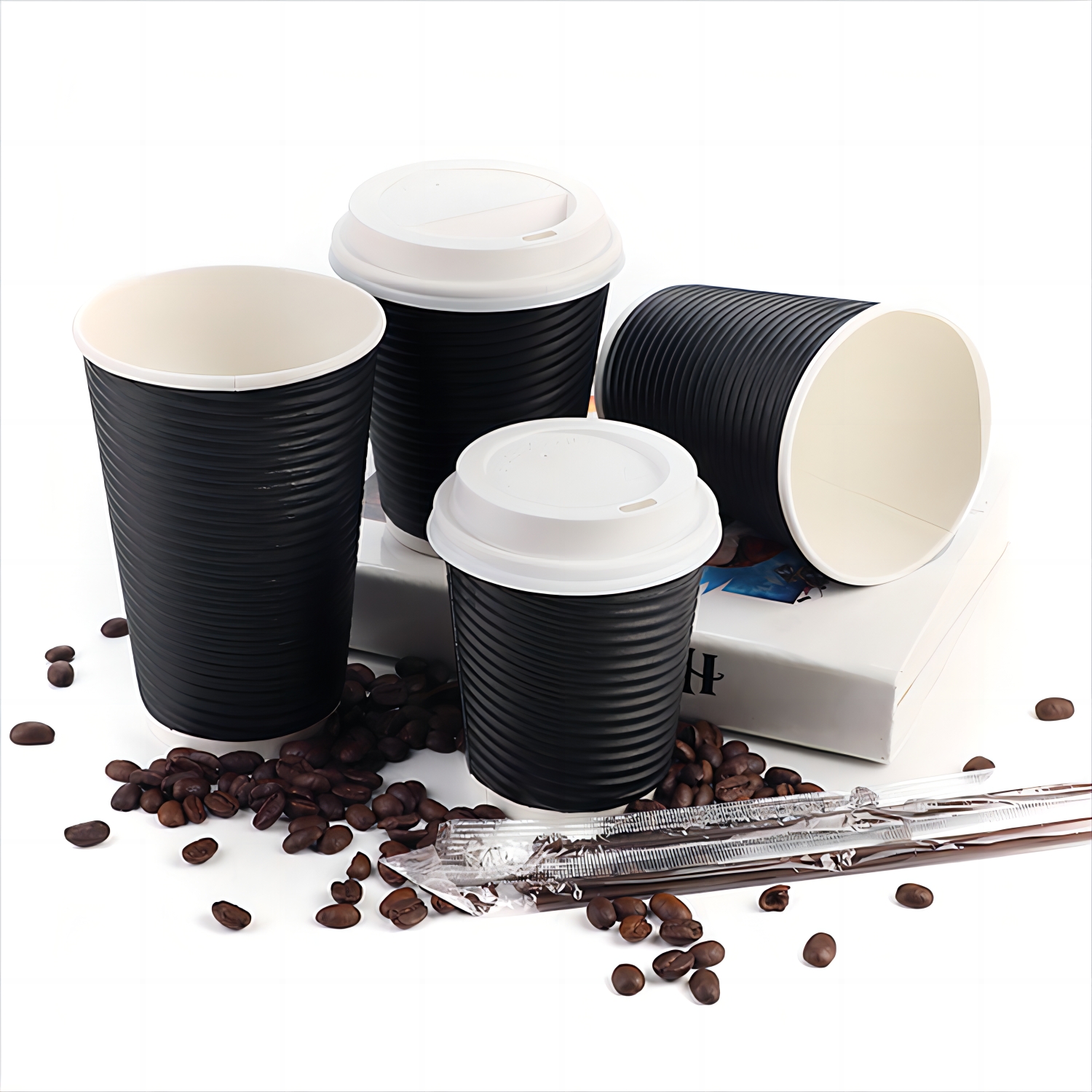 8oz 12oz 16oz take out hot coffee drinks kraft double wall ripple paper cups with lid